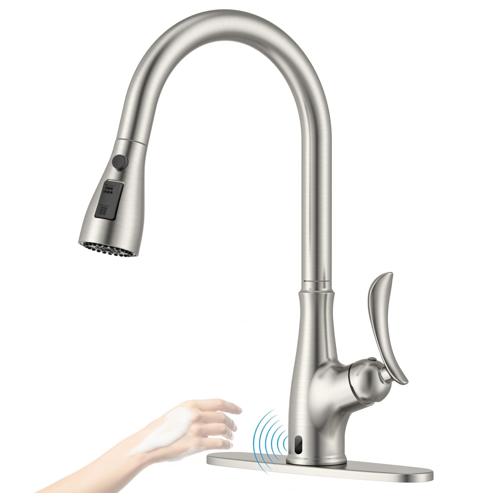 APPASO Robinet de cuisine sans contact avec pulvérisateur extractible, détecteur de mouvement, robinets d'évier de cuisine mains libres, nickel brossé, compatible avec 1 ou 3 trous, pulvérisateur à 3