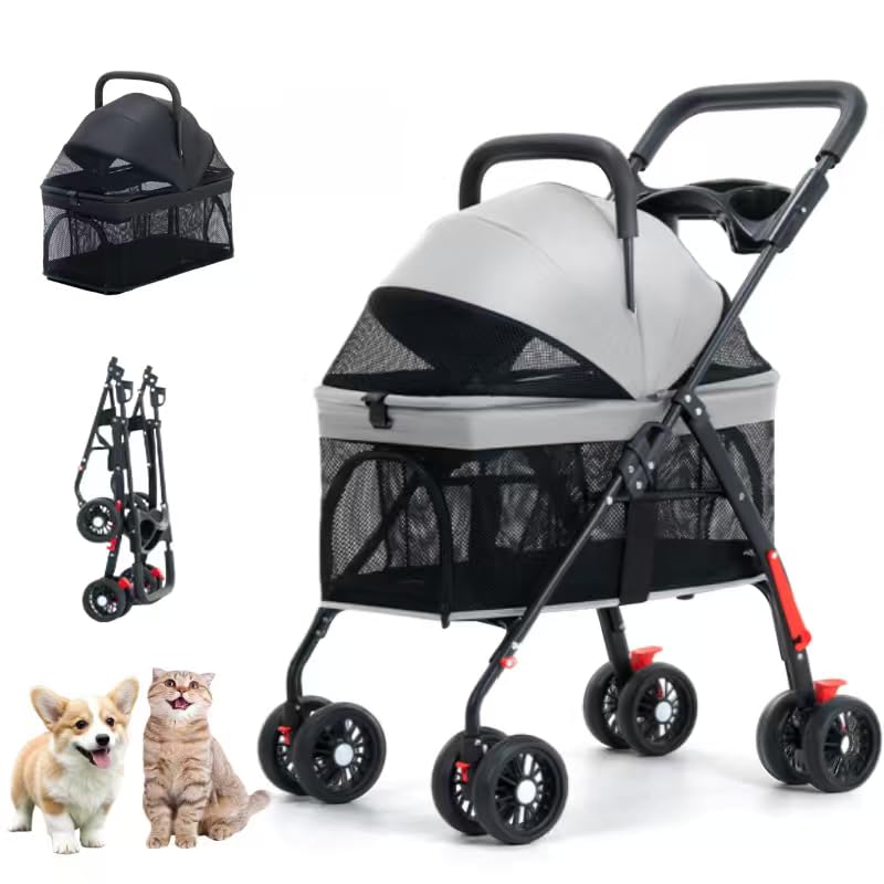 3-in-1 Pet Stroller with Detachable Carrier, Cup Holder & Adjustable Canopy – for Small/Medium Dogs & Cats, Lightweight Travel Stroller (Grey-W02T)