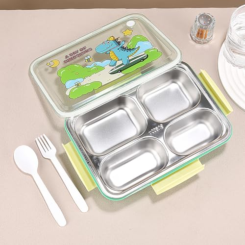 Image of House of Quirk 304 Stainless Steel Kids Lunch Box | Cartoon Design, Leakproof & Odor-Resistant | Portable Bento Box with Compartments for School (Dinosaur Green)