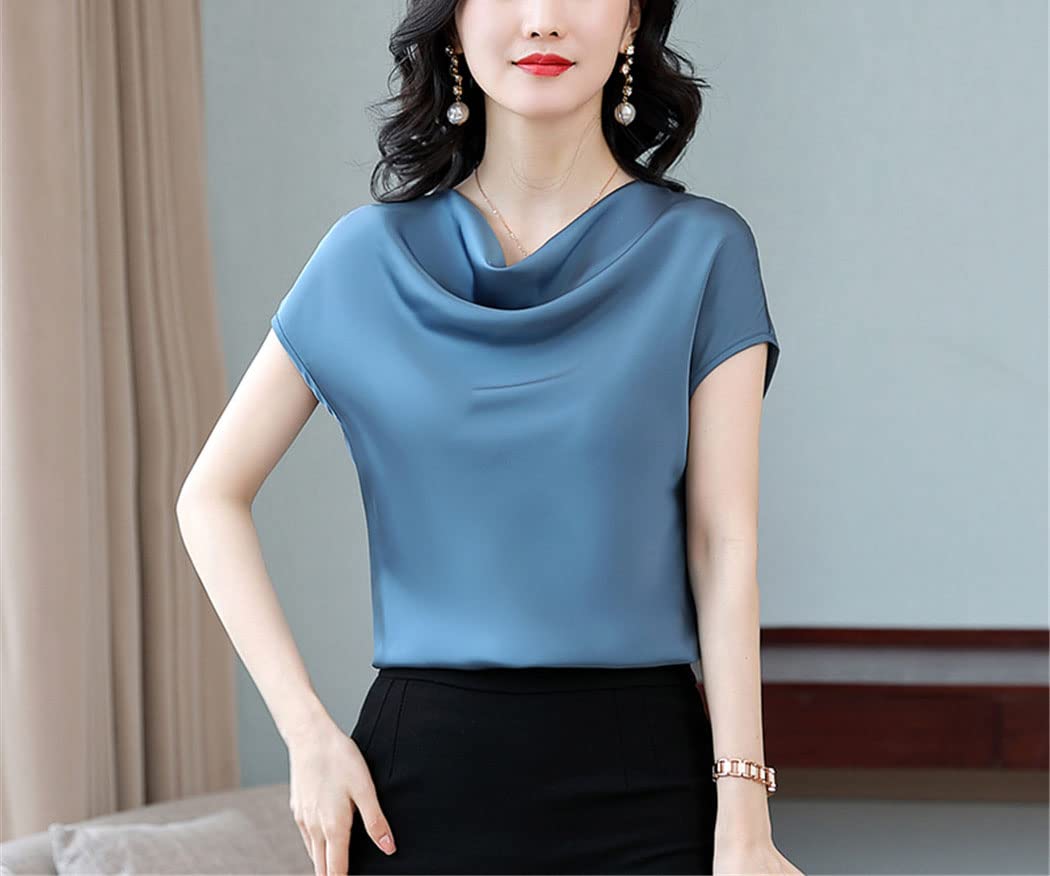 FULBHPRINT Chemisier tendance en satin pour femme - Haut d'été à manches courtes - Col à poils élégants