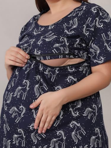 Image of Fabme Women's Above Knee Length Printed Pre and Post Pregnancy Pure Cotton Nursing Nightdress Nighty