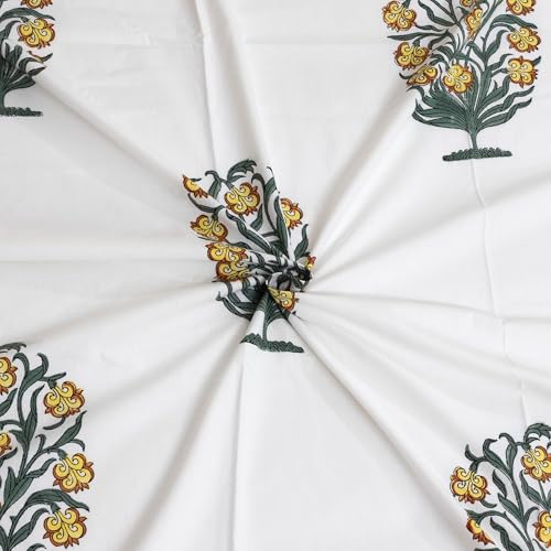 Image of TOAIArt Hand Block Printed Bedsheet | Long Staple Premium Cotton | Double Bed Sizes | Queen Size 90 inchX108 inch | 300 TC | Includes 2 Large Pillow Covers 18 inch X 28 inch (Yellow Marigold Bush on White)