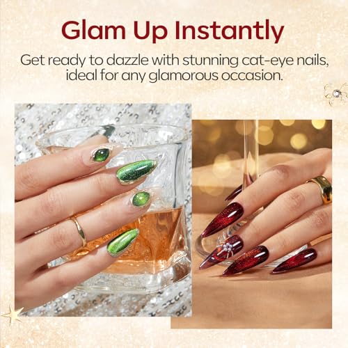 Image of modelones Gel Nail Polish Kit with U V Light, 23 PCS Gel Nail Kit with White Red Cat Eye Green Pink Silver Sparkle Colors Base Top Coat Cuticle Oil Magnet Manicure Tools Stickers Chrome Powder Gift