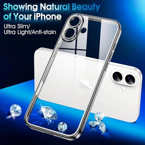Image of VONZEE Electroplated Transparent Clear Transparent Cover for iPhone 16, TPU Cover, Full Body & Individual Camera Protection Bumper Cases for Men & Women (Silver)