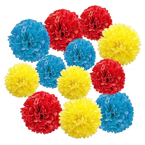 Image of 12pcs Red,Yellow and Blue Paper Pom Poms Decorations for Carnival Circus Birthday Party Ceiling Wall Hanging Tissue Flowers Decorations - 3 Colors of 12 Inch, 10 Inch.
