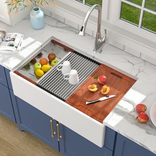 Lordear White Farmhouse Sink - 33 Inch Kitchen Sinks Workstation Apron Front Fireclay 33"x20" Porcelain Ceramic Single Bowl Farmer Sink Farm Sinks 33x20x10 Inch