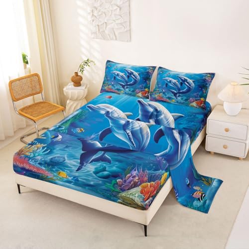 Image of jejeloiu Dolphin Bed Sheets Set Full Size Cute Ocean Animal Bed Set Jumping Dolphins Deep Pocket Fitted Sheet Blue Ocean Marine Themed Breathable Soft Lightweight Microfiber