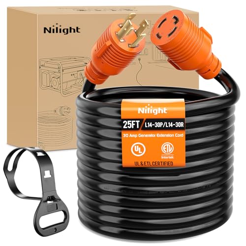 Nilight 30 Amp 25FT Generator Extension Cord 125/250V 7500 Watt Heavy Duty 10 Gauge Pure Copper STW Wire ETL Listed 4 Prong L14-30P L14-30R Cable for Generator RV Camper Outdoor Use