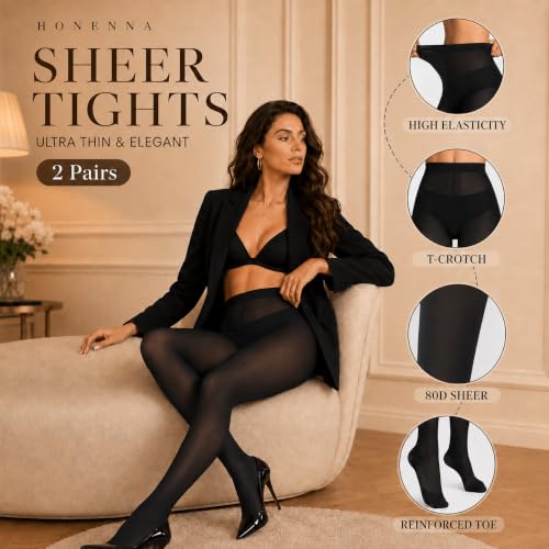 Image of HONENNA Sheer Tights for Women 2 Pairs Ultra Thin Reinforced T Crotch Control Top Pantyhose Stockings