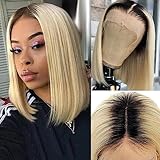 Ali Pearl Wig 1B/613 Blonde Bob Wig Straight Short Lace Front Bob Wig 13x4 Bob Wig For Black Women 180% Density Pre Plucked HD Lace Bob Wig Human Hair With Baby Hair (12 Inches)