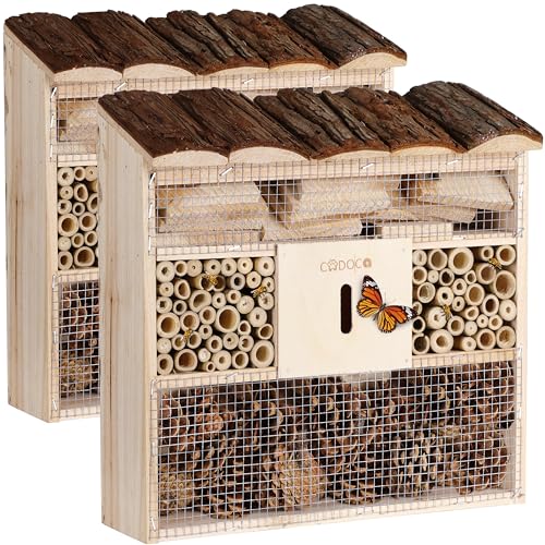 CADOCA® 2X Hôtel à Insectes en Bois Naturel 30,5x31 cm Cabane Maisonette Nichoir à Abeilles Hivernage Pollinisation Biodiversité