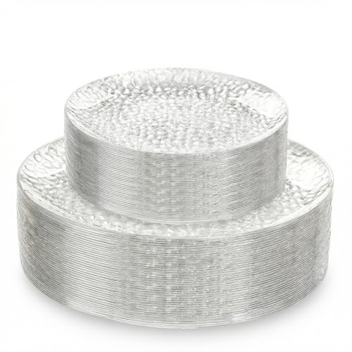 Rubtlamp 60Pcs Plastic Plates Clear Disposable Plates Hammered Heavy Duty Plastic Platos Fancy Disposable Platos Include 30 Clear Dinner Plate 30 Salad Plate For Bridal Spring