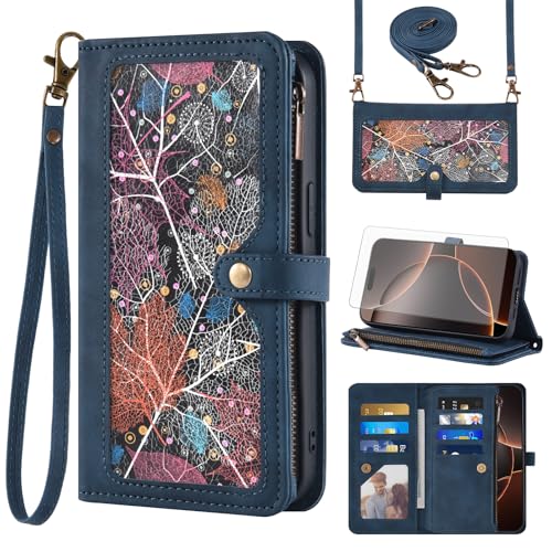 Étui iPhone 16 Pro Max Asuwish en cuir bleu avec porte-cartes et protection d'écran intégrée