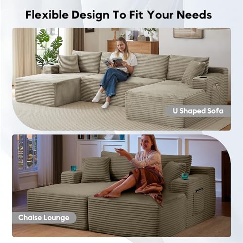 Image of Oversized Cloud Boneless Couch with Chaise, Modern Modular Sofa with Deep Seat, Corduroy Upholstered U Shaped Couch for Living Room, No Assembly Required (Camel)
