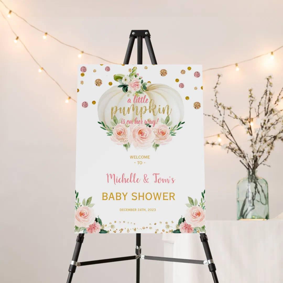 A Little Pumpkin Is On The Way Baby Shower Welcome Sign Fall Poster Welcome Baby Shower Sign Pink Blush Floral Pumpkin Baby Shower Decorations Custom Welcome Sign For Baby Girls Baby Boys