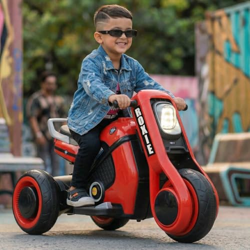Image of Toyzone Roxie Kids Electric Bike (Red) | Rechargeable Bike with 6V 4.5Ah Battery | MP3 /USB /BT Music & LED Lights| Smooth Acceleration | 6 Months Battery warranty, For Kids Age 2 to 8 Years, Upto 35 kg