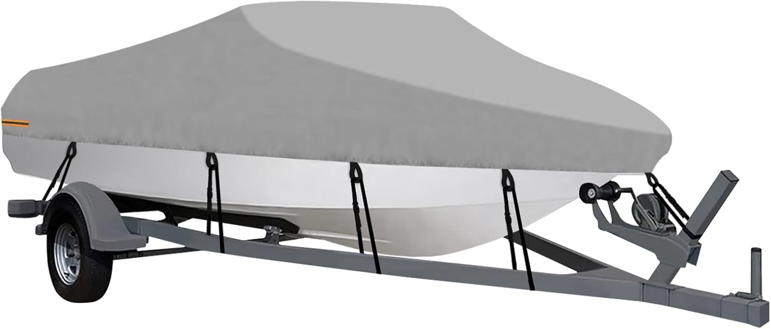 OutdoorLines Waterproof Boat Covers 17-19 Ft Long Gray- Heavy Duty UV Resistant Trailerable Boat Covering for V-Hull,Tri-Hull, Bass, Runabout, Fish&Ski,Pro-Style Fishing Boat