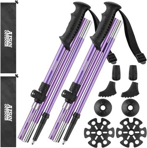 AISUNOUTDOOR Purple Trekking Walking Hiking Poles or Sticks Aluminum Lightweight Collapsible for Men Women for Climbing 2 Pack Adjustable Gear with One Free Disposable Raincoat