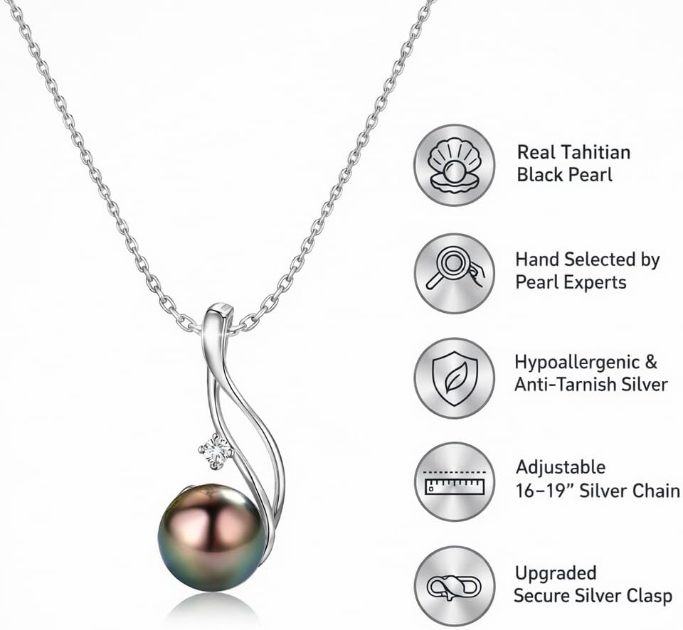 Tahitian Black Pearl Necklaces for Women - Anniversary, Birthday, Valentines Day Gifts for Wife, Girlfriend, Mom - Chaulri 925 Sterling Silver Genuine Real Pearl Jewelry - Regalo de Aniversario para Esposa - Collar de Perlas para Mujer - Image 5