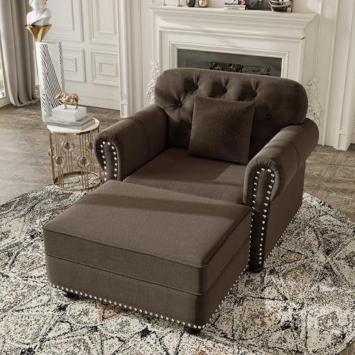 Image of KEIKI 41 inch Velvet Chesterfield Sofa with Rolled Arms & Nailhead Trim & 1 Ottoman, Modern 1-Seater Button Tufted Couch with High Resilience Cushion & 1 Pillow, Easy Assembly, for Living Room, Brown
