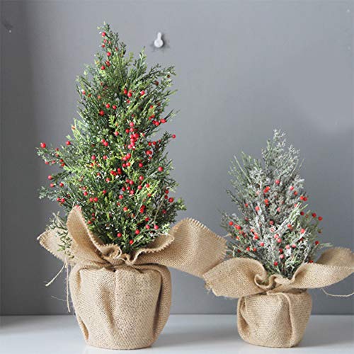 Árbol de Navidad pequeño de ciprés artificial con nieve y frutas rojas para mesa