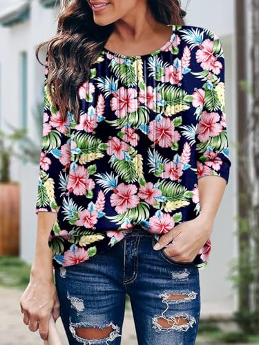 KISSMODA Tunic Tops for Women Loose Fit Dressy Round Neck Pleated 3/4 Length Sleeve Spring Tops