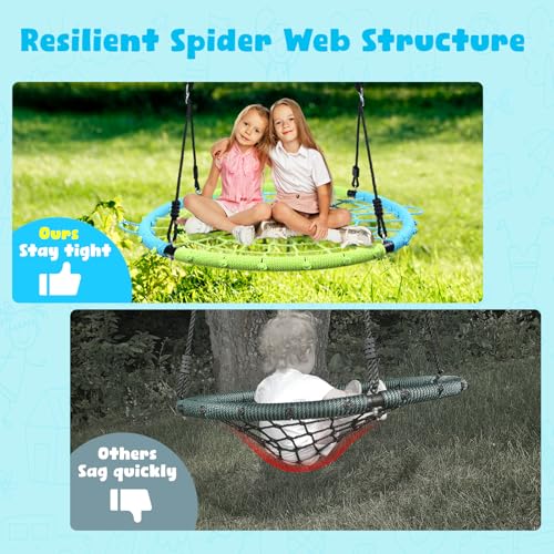 Image of Trekassy 750lbs 40 inch Spider Web Saucer Tree Swing for Kids Adults, Outdoor Net Swing with Steel Frame and 2 Hanging Straps-Blue+Green (Patented)