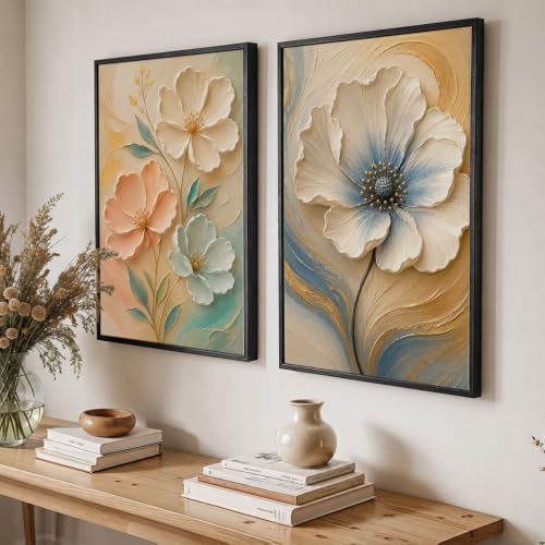 Image of NoWorries Floral Wall Painting Set of 2 with Frame | Premium White Peach & Blue Flower Botanical Artwork, Elegant Nature Wall Decor for Living Room, Bedroom, Office and Home Decoration (Art-17, 25x37inch)