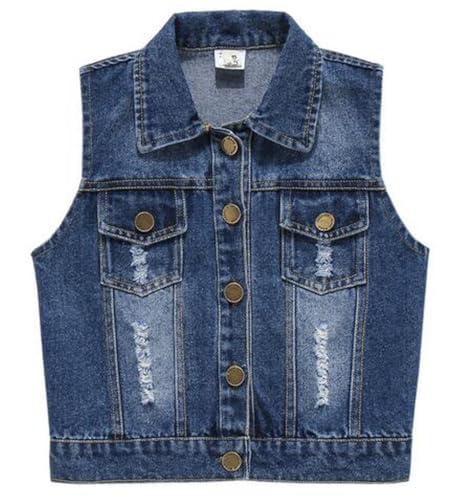 Boys and Girls Button-Down Sleeveless Outerwear Child Lapel Retro Ripped Denim Jacket Vest