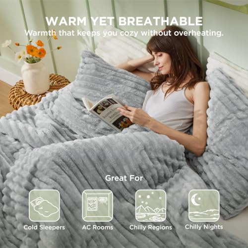 Image of Bedsure King Fluffy Comforter Set - GentleSoft 3 Pieces Luxury Fleece Light Grey Bedding, Cozy Room Decor Aesthetic, 1 King Bed Comforter (104 inchx90 inch) and 2 Pillowcases (20 inchx36 inch)