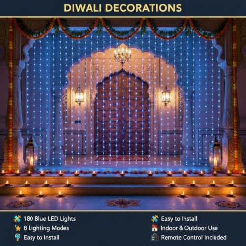 Image of MIRADH 180 LED 9.8 Feet Window Curtain String Light Wedding Party Home Garden Bedroom Outdoor Indoor Wall Decorations, (Blue Led Curtain 3M x 3M)