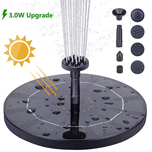 HEYSTOP Solar Fountain Pump, 3.0W Circle Solar Water Pump Floating Fountain Built-in Battery, with 6 Nozzles, for Bird Bath, Fish Tank, Pond or Garden Decoration