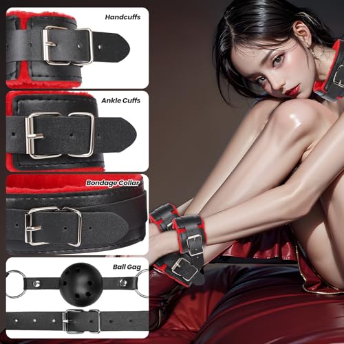 Image of BDSM Bondage Kit Sex Toys 8 Pcs Sex Bondage Set for Beginners Ball Gag Bondage Rope BDSM Kit for Couples (RED, 8PCS)