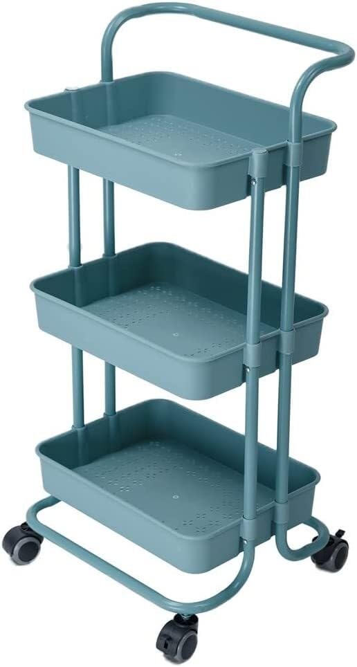 Carrito de cocina de metal de 3 niveles con ruedas, estantes de almacenamiento móviles estrechos para el hogar, para comedor y cocina, carrito utilitario azul para un fácil acceso y ahorro de espacio