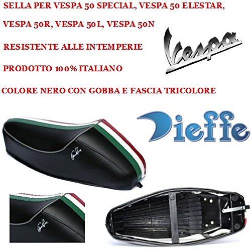Selle Vintage Noire avec bosse tricolore revêtement en matelassé pour vespa 50 special, 50 r, 50 elestart, 50 L, 50 N DIEFFE p0010ftn piaggio