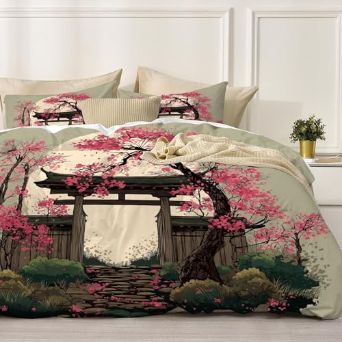 Parure de couette japonais architecture ensemble de lit gris vert