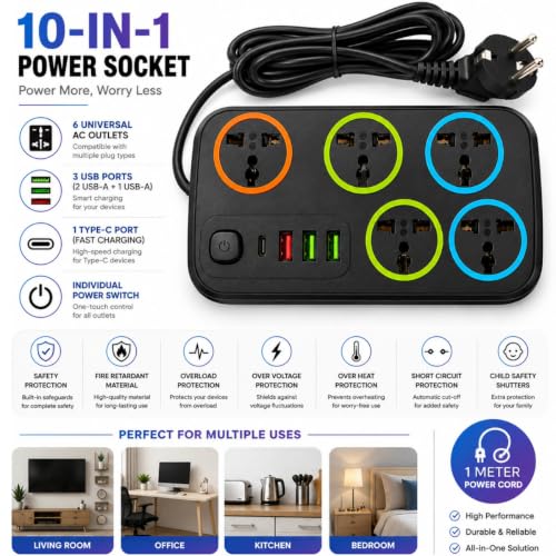 Image of Extension Board 10Amp Output 250 Volts 1 Mtr Extension Cord | 6 Universal Sockets, 3 USB & Type-C Port | Master Switch, Safety Shutter | Multi Plug Travel Adapter for Home Appliances