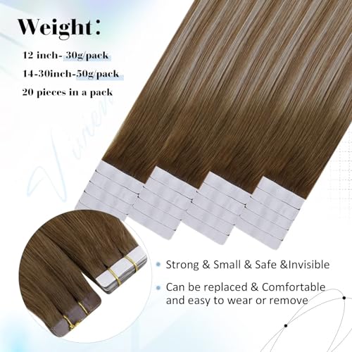 Vivien 22 Inch Human Hair Extensions Tape in Balayage Light Brown to Platinum Blonde Tape in Hair Extensions Ombre Brown Double Sided 50g 20pcs #6/60/6 - Image 3