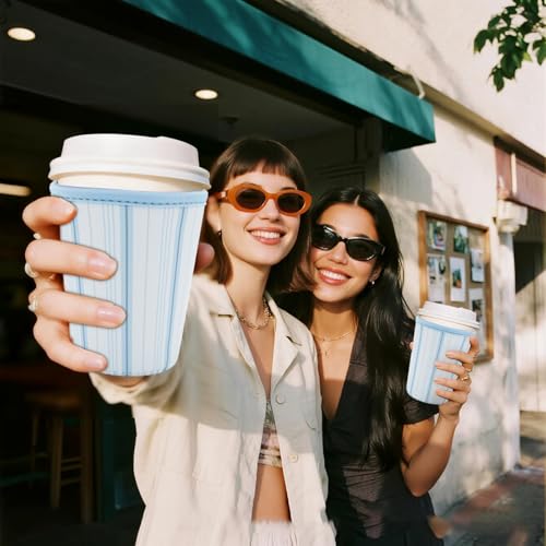 Image of Reusable Insulated Sleeve for Iced Coffee Cup, Coffee Neoprene Sleeve for Cold & Hot Drinks, Beverage Holder for Iced Coffee (Blue Lines, Small: 16-18oz)