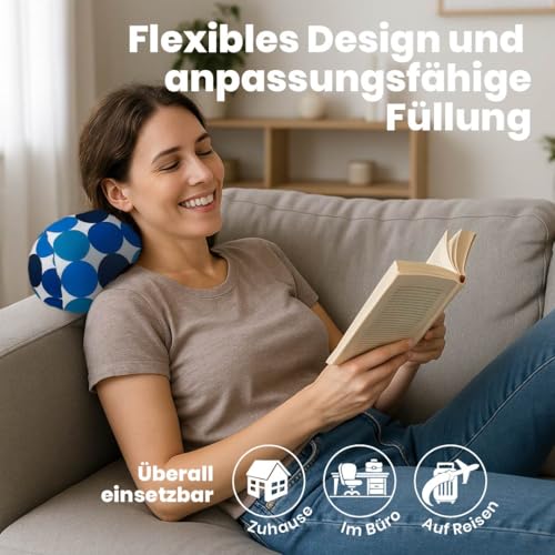COVERBAGBCN - Rundes Relax Anti-Stress-Kissen | Entlastung für die Halswirbelsäule | Füllung mit kleinen Komfortperlen | Lycra-Stoff, weich im Griff | Maschinenwaschbar | 35x15 cm (Blaue Punkte).