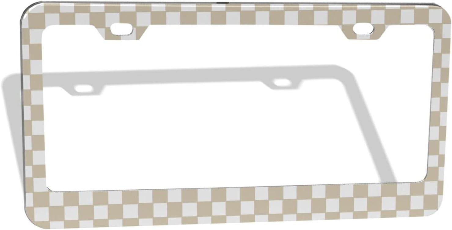 Brown White Checkered License Plate Frame Car Accessories for Women Men Stainless Steel License Plate Frames Cars Decor with Screws Fits Standard US Vehicles 12.2 X 6 in