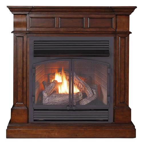 Duluth Forge Dual Fuel Ventless Gas Fireplace System with Mantle, Thermostat Control, 6 Fire Logs, Use with Natural Gas or Liquid Propane, 32000 BTU, Heats up to 1500 Sq. Ft., Auburn Cherry Finish