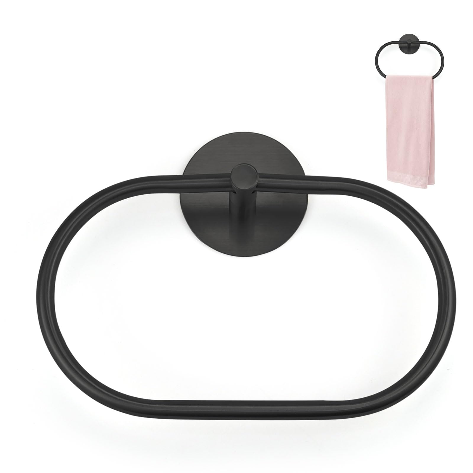 Stainless Steel Towel Holder, Self Adhesive Towel Ring for Bathroom Towel Rack Wall Mounted Oval Hanging Hang Towel Hanger, Polished Heavy Duty Accessories No Drilling Towel Hanger (Black)