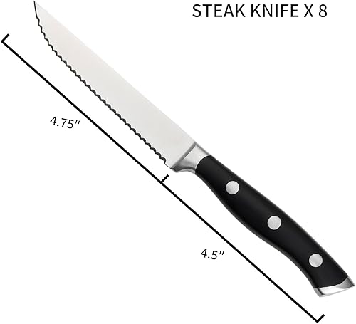 Miniatura 4 de Alata Juego de cuchillos para carne de 8 piezas, 4.7 pulgadas con borde dentado, cuchillos afilados para cena, construcción de espiga completa, apto