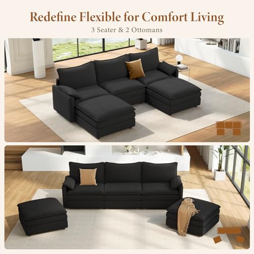 Image of Vesgantti 108 inch U Shaped Sectional Couch, Comfy Cloud Modular Sectional Sofa with 2 Ottoman Deep Seat Chenille Modern Cloud Sofa, Modular Sofas for Living Room, Bedroom and Apartment, Black