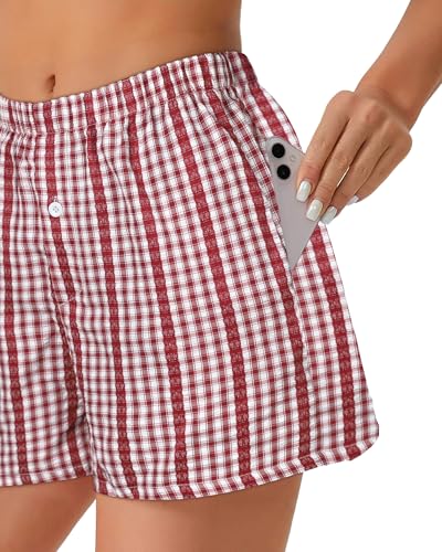 Image of Women Boxer Shorts Summer Gingham Pj Casual Plaid Bottoms with Pocket