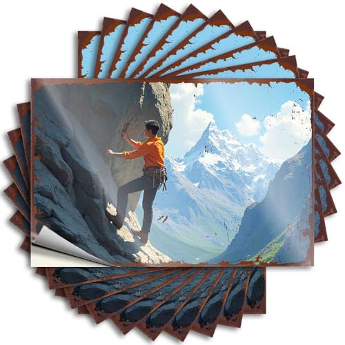 Letreros de estaño retro con texto en inglés 'Mountain Climber'S Bold Ascent: A Tale of Adventure And Endurance', 10 unidades, letrero de metal divertido para exteriores (6 x 9 cm)