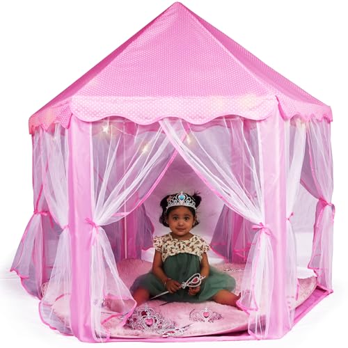 Princess Castle Play Tent for Girls - Large 55'' x 53'' Playhouse with Star Lights for Indoor and Outdoor Play with Lights, Crowns, Wands, and Rug (Pink, 55x53 Inch)