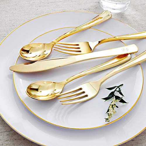 Supernal B08NVMMLXH 350Pcs Gold Plastic Plates,Gold Plastic Dinnerware Set,Pre Rolled Gold Plastic Silverware,Include 50 Dinner Plates,50 Salad Plates,50 Rolled Napkins,50 Cutlerty Sets,50 Gold Rim Cups thumb #4