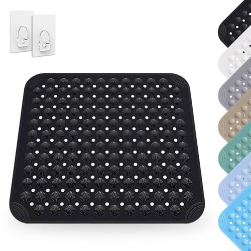 Alfombra de Ducha, 48 x 48 cm Alfombrilla Antideslizante con Ventosas, Alfombrilla Antideslizante de PVC, Alfombra de Ducha Cuadrada Lavable, Lavable a Máquina, para Ducha, Negro